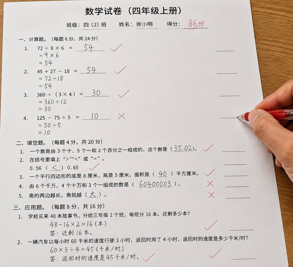 已包含红色对勾、叉号和分数的人工批改试卷示例